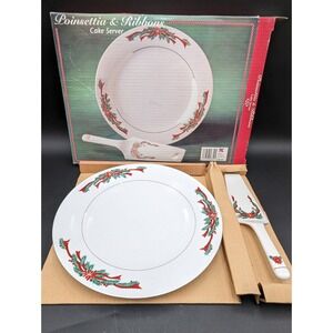 VTG Tienshan KMART Poinsettia Christmas Cake Serve Set Holiday China 10 1/2 "